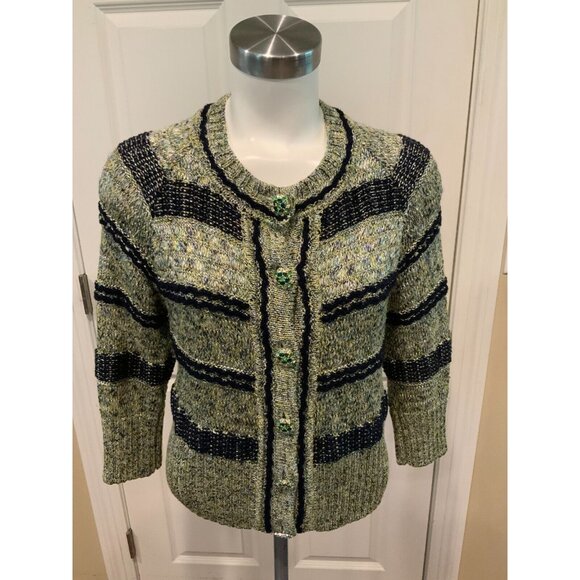 St. John Couture Green Striped Rainbow Knit Jewel Button Cardigan Size Small - Picture 1 of 8